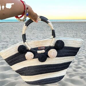 Sun n’ Sand Straw Striped Black and Cream Tote Bag